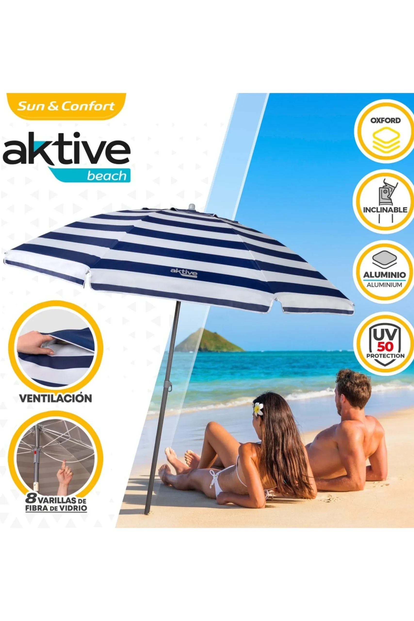 Sombrilla Playa Antiviento 220 CM Con Protección Sola Uv50 Aktive Beach