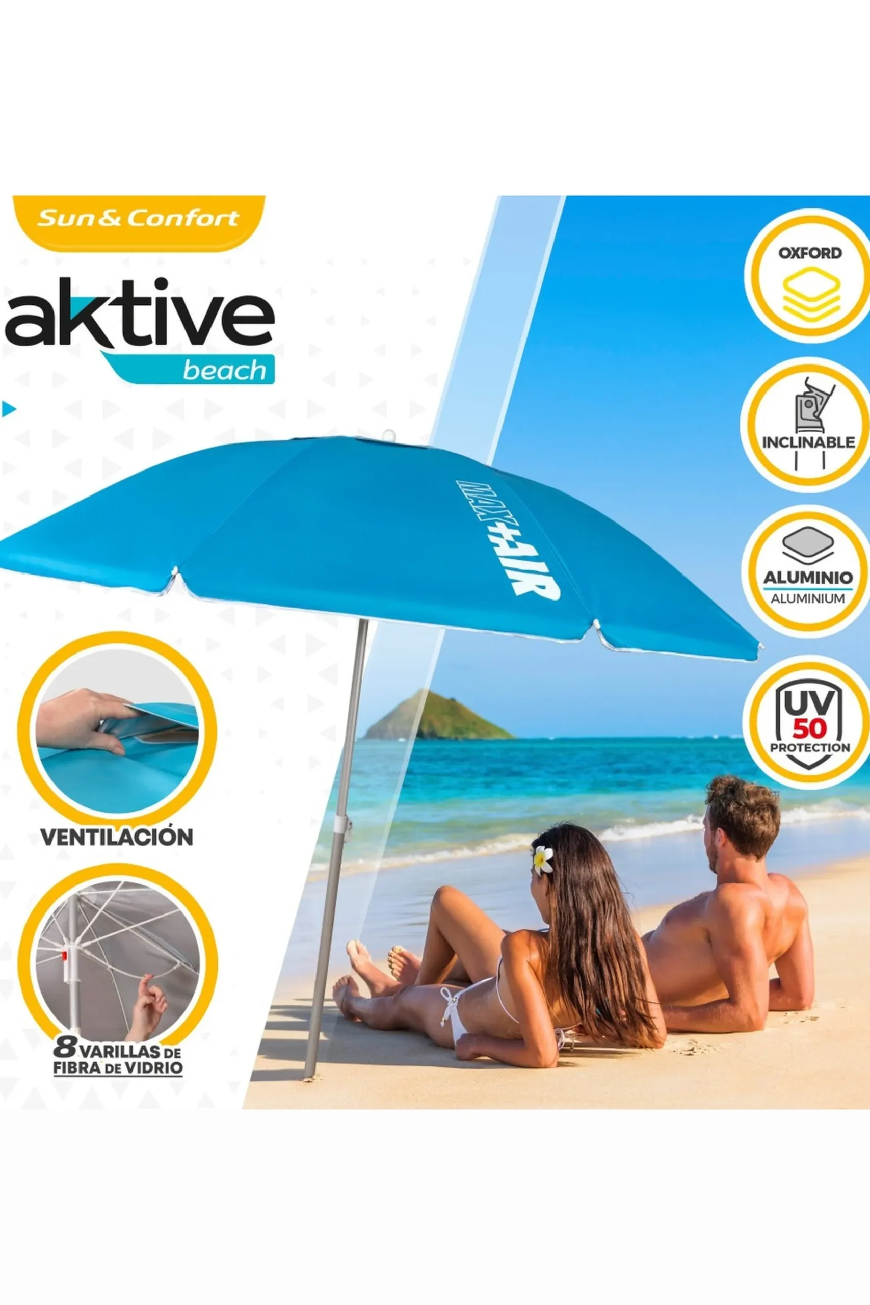 Sombrilla Playa Antiviento Ø220 CM C/mástil Reclinable Y Revestimiento Uv50 Aktive