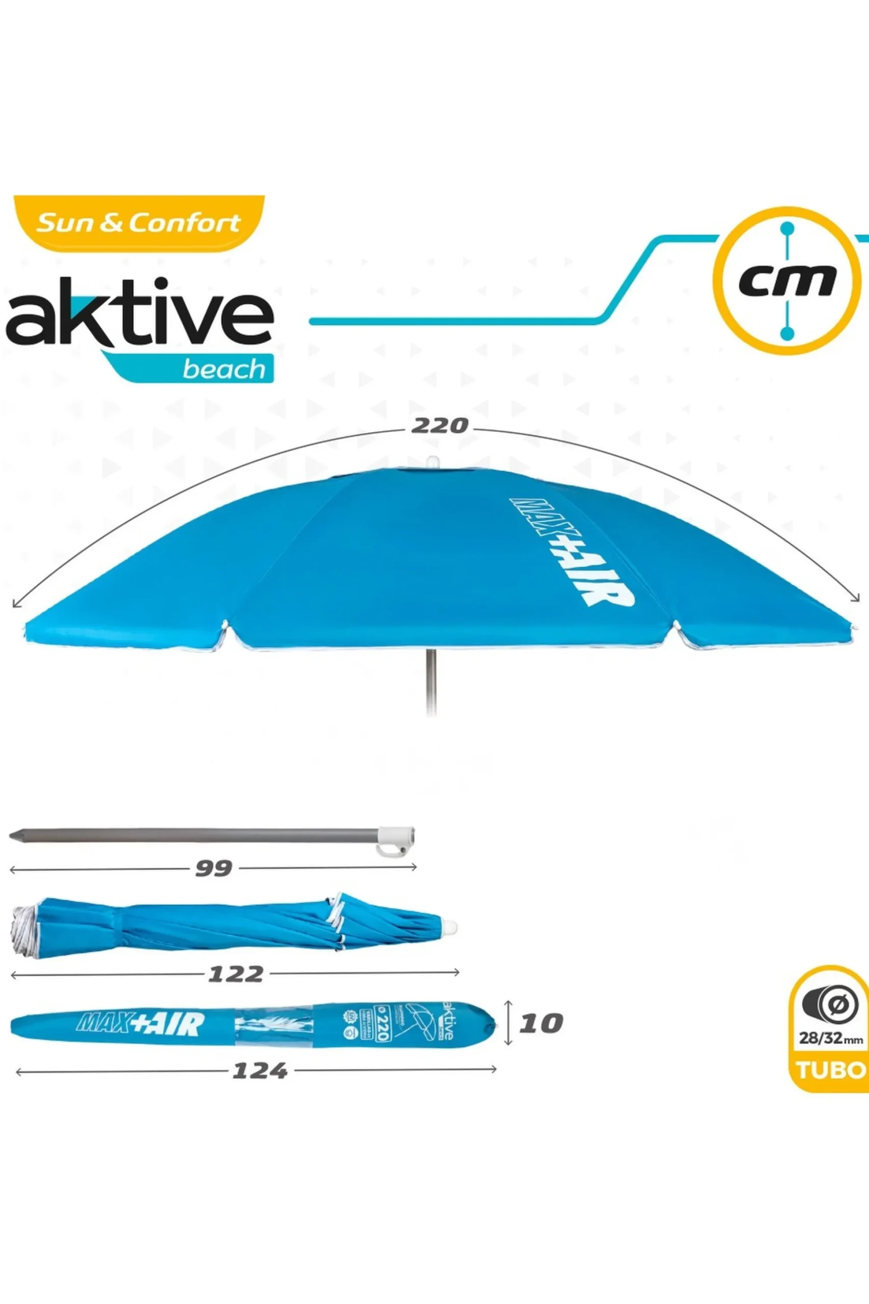 Sombrilla Playa Antiviento Ø220 CM C/mástil Reclinable Y Revestimiento Uv50 Aktive