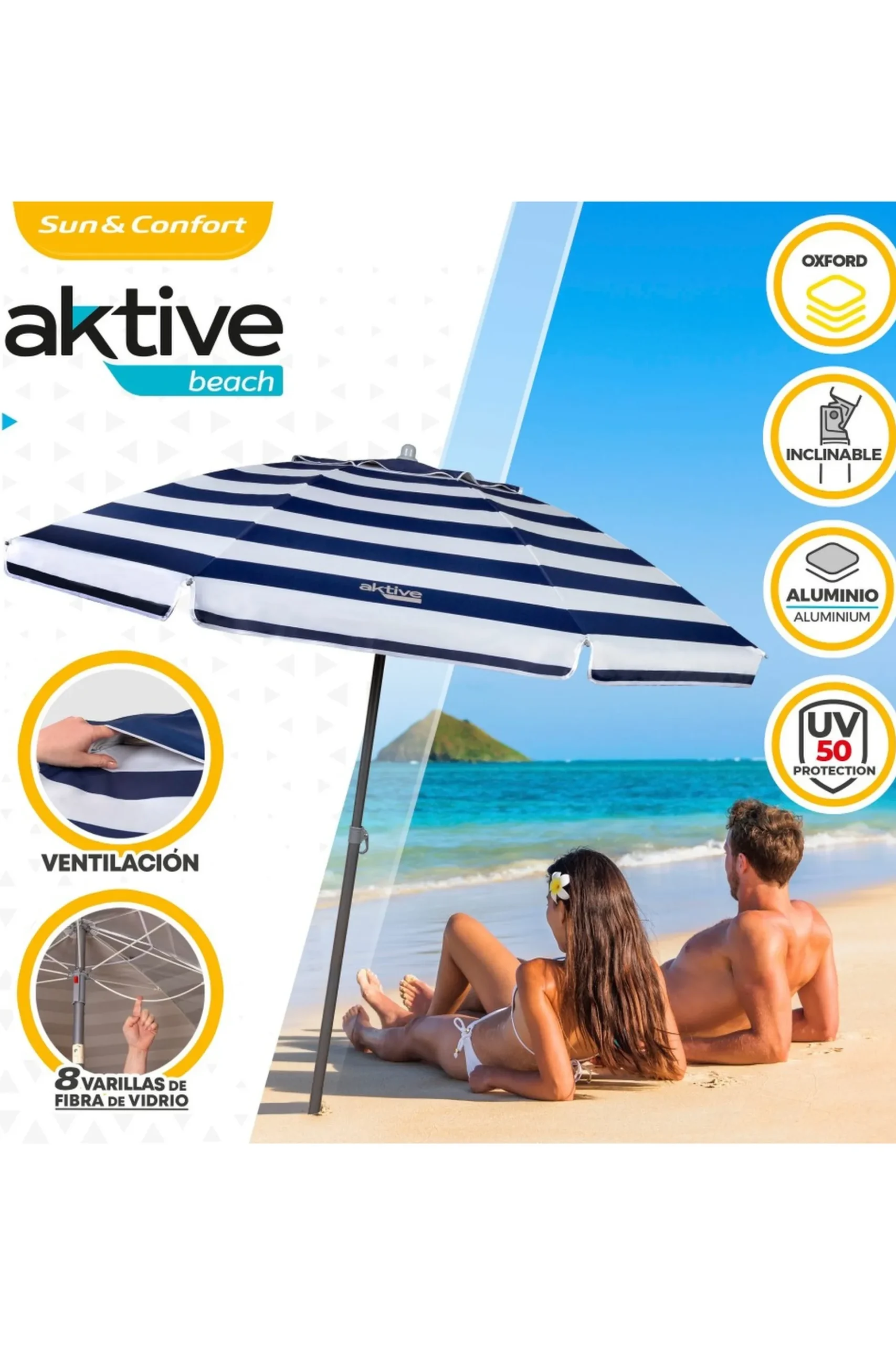 Sombrilla Playa 200 CM Con Techo De Ventilación + Protección Uv50 Aktive Beach